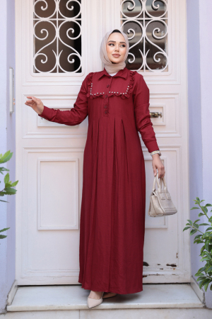 Düğme Detaylı Bordo Tesettür Elbise 7224BR - 2