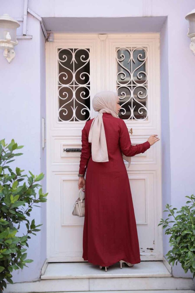 Düğme Detaylı Bordo Tesettür Elbise 7224BR - 3