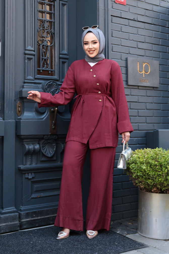 Düğme Detaylı Bordo Tesettür İkili Takım 19029BR - 3