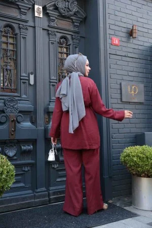 Düğme Detaylı Bordo Tesettür İkili Takım 19029BR - 4