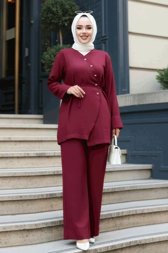 Düğme Detaylı Bordo Tesettür İkili Takım 19029BR - 1