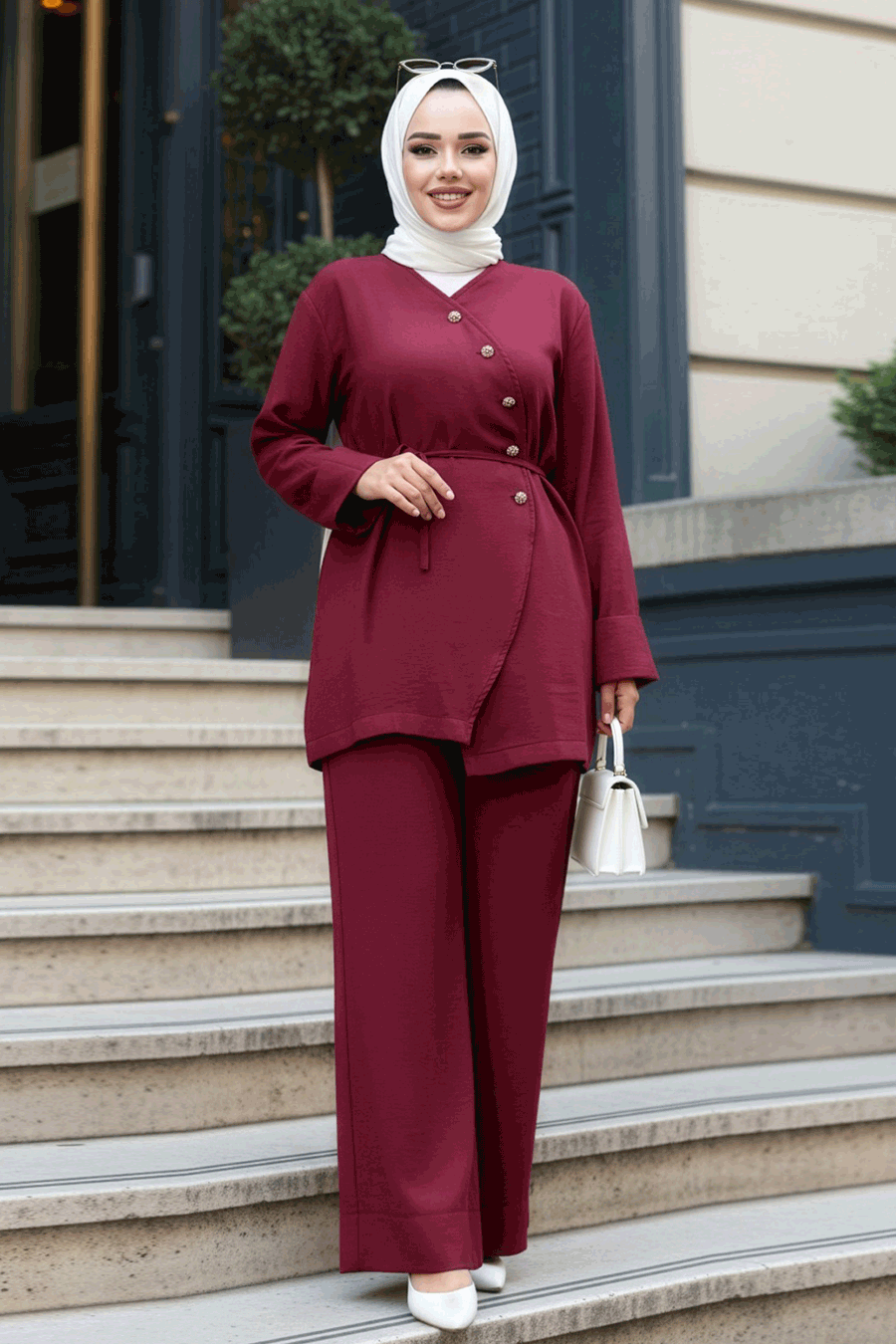 Düğme Detaylı Bordo Tesettür İkili Takım 19029BR