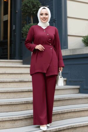 Düğme Detaylı Bordo Tesettür İkili Takım 19029BR 