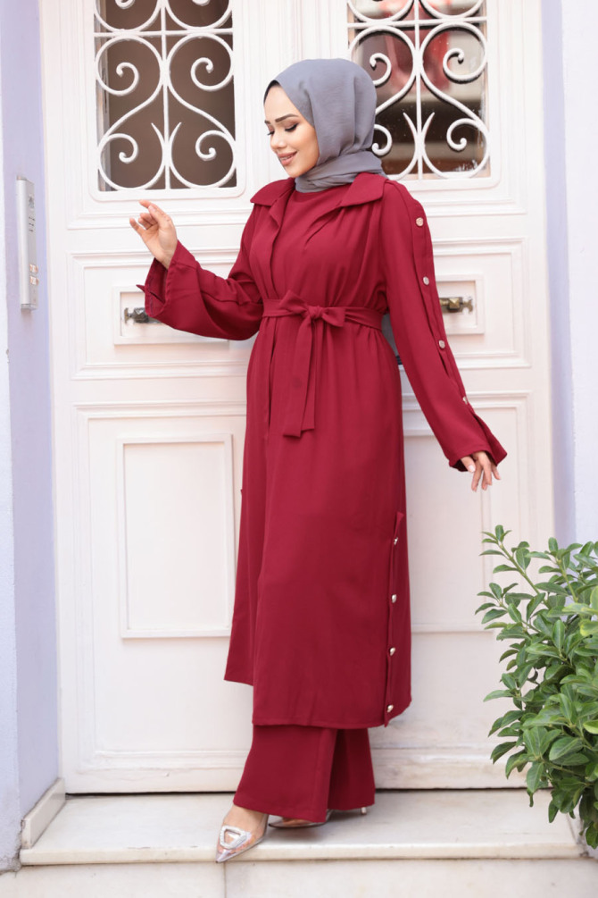 Düğme Detaylı Bordo Tesettür Üçlü Takım 7677BR - N.S NEVA STYLE