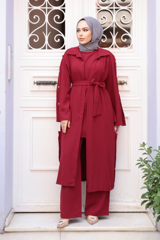 Düğme Detaylı Bordo Tesettür Üçlü Takım 7677BR - 2
