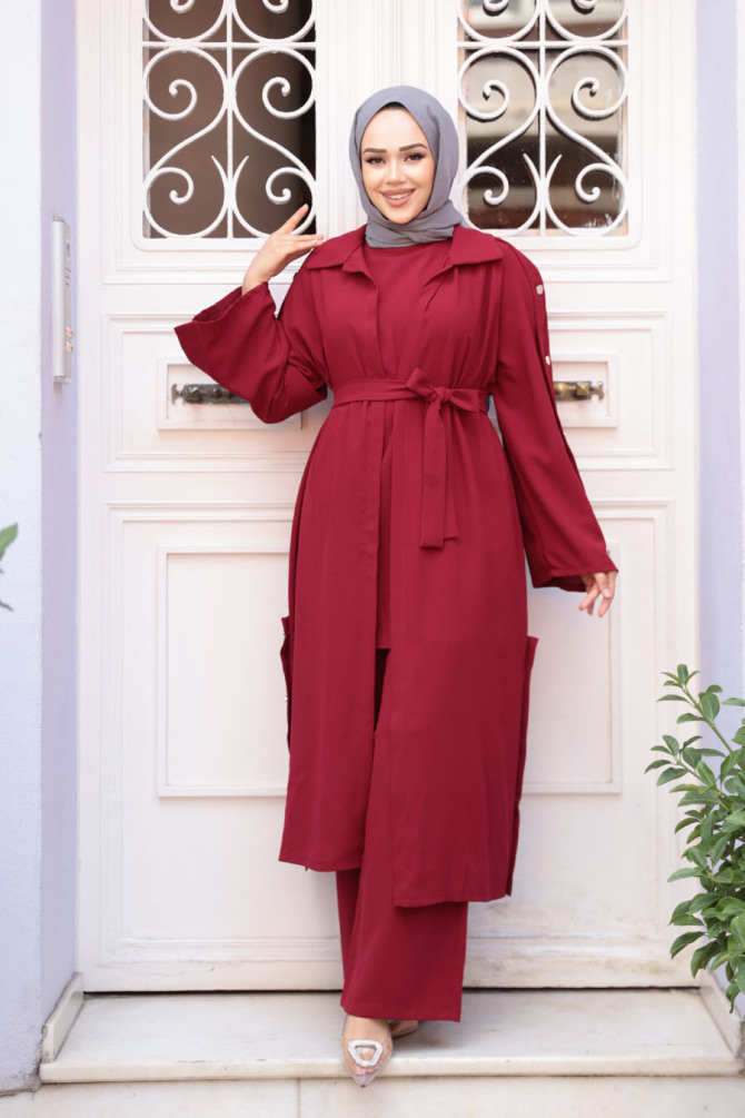 Düğme Detaylı Bordo Tesettür Üçlü Takım 7677BR - 3