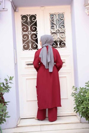 Düğme Detaylı Bordo Tesettür Üçlü Takım 7677BR - 4