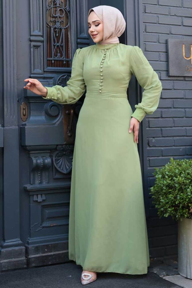 Düğme Detaylı Fıstık Yeşili Tesettür Elbise 2703FY - 1