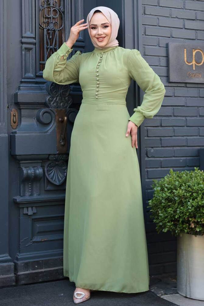Düğme Detaylı Fıstık Yeşili Tesettür Elbise 2703FY - 3