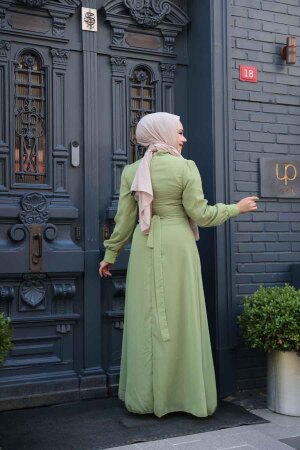 Düğme Detaylı Fıstık Yeşili Tesettür Elbise 2703FY - 4