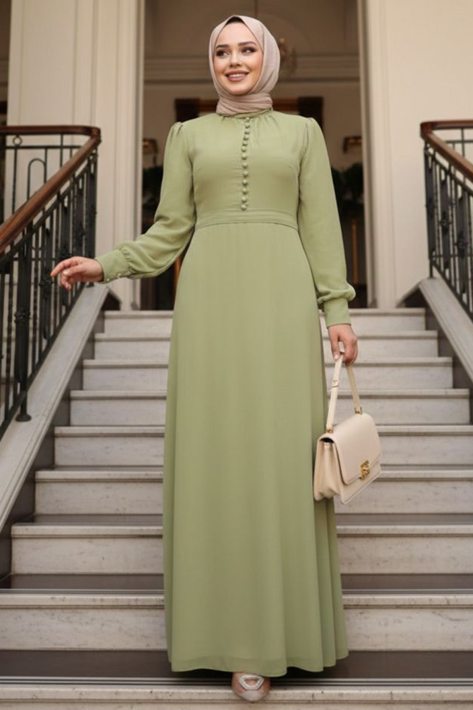 Düğme Detaylı Fıstık Yeşili Tesettür Elbise 2703FY - 1
