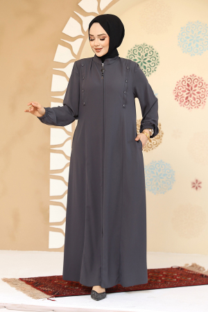 Düğme Detaylı Füme Tesettür Abaya 45304FU - 1