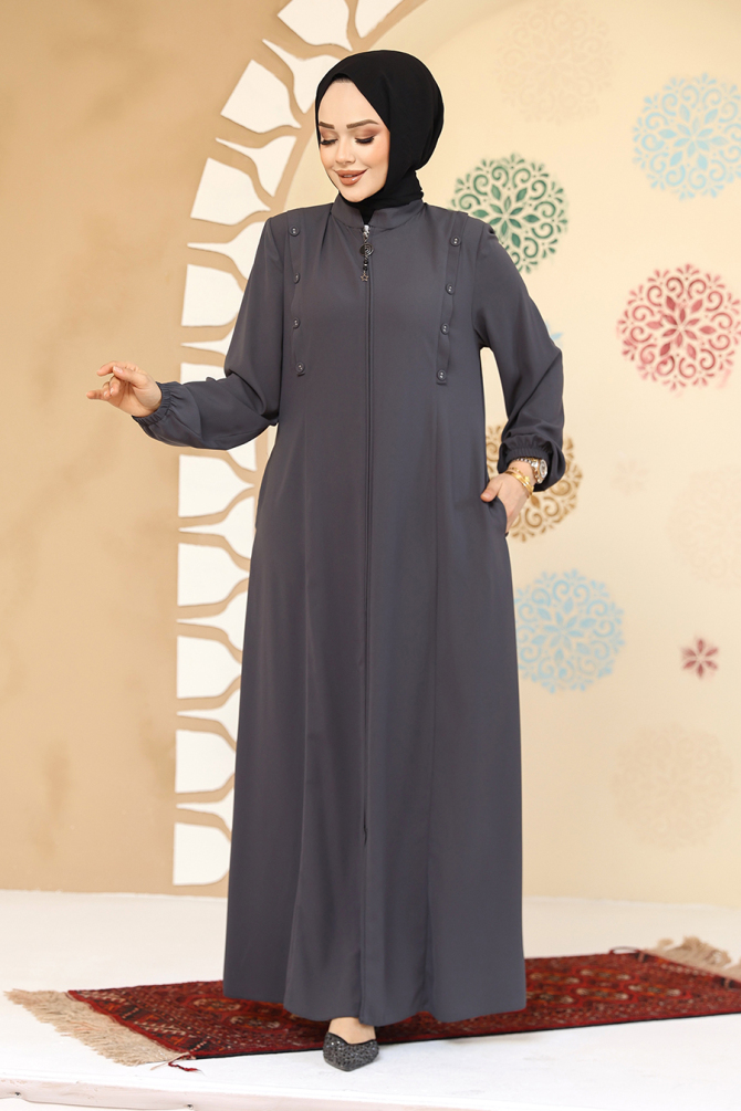 Düğme Detaylı Füme Tesettür Abaya 45304FU - 1