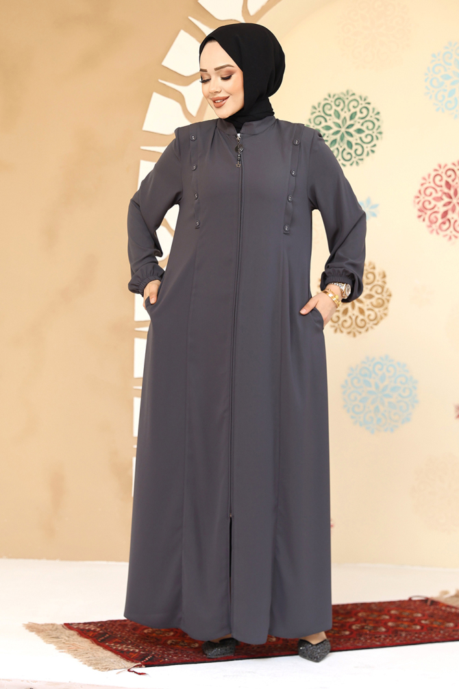 Düğme Detaylı Füme Tesettür Abaya 45304FU - 2