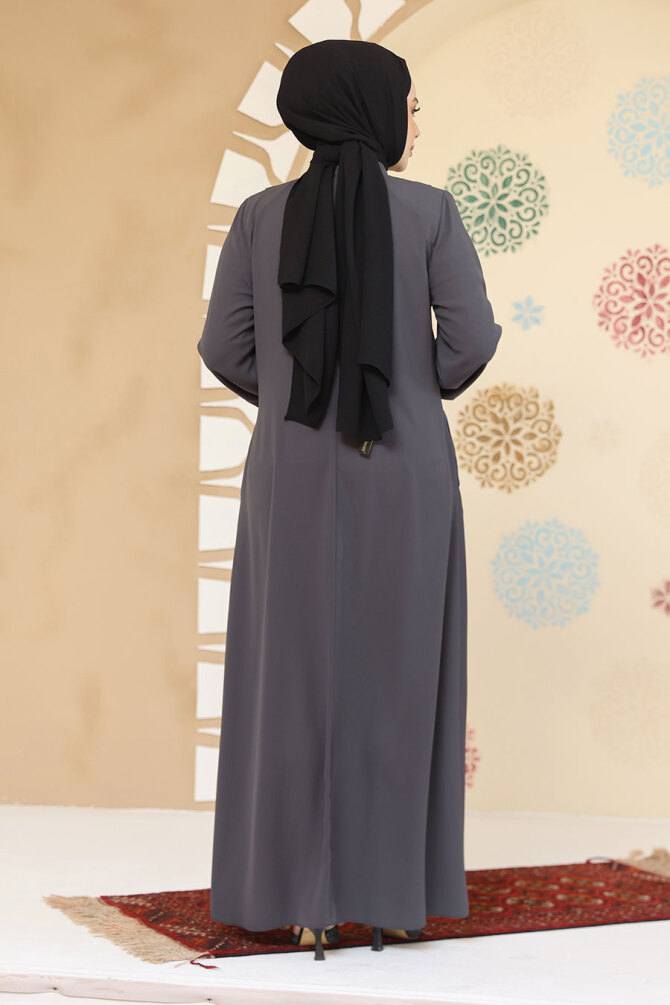 Düğme Detaylı Füme Tesettür Abaya 45304FU - 3