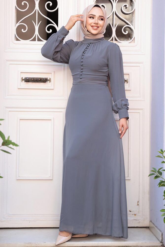 Düğme Detaylı Füme Tesettür Elbise 2703FU - 1