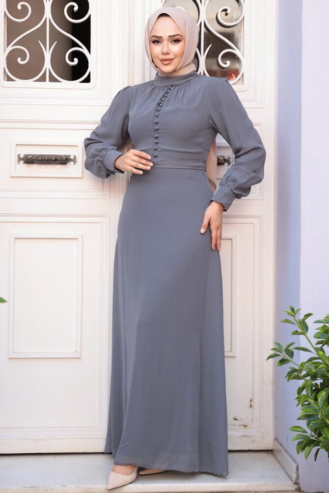 Düğme Detaylı Füme Tesettür Elbise 2703FU - 3