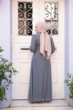 Düğme Detaylı Füme Tesettür Elbise 2703FU - 4