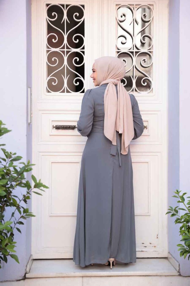 Düğme Detaylı Füme Tesettür Elbise 2703FU - 4