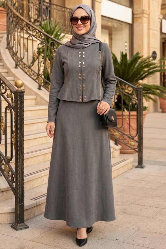 Düğme Detaylı Füme Tesettür Kot İkili Takım 11892FU - 1