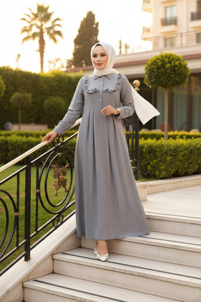 Düğme Detaylı Gri Tesettür Elbise 7224GR - N.S NEVA STYLE