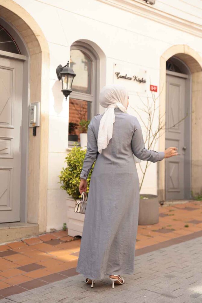 Düğme Detaylı Gri Tesettür Elbise 7224GR - 3