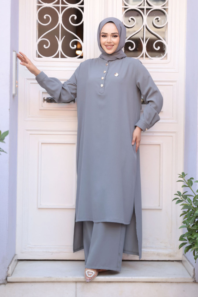 Düğme Detaylı Gri Tesettür İkili Takım 76641GR - 1