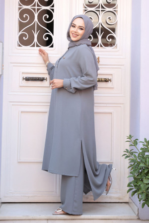Düğme Detaylı Gri Tesettür İkili Takım 76641GR - 2