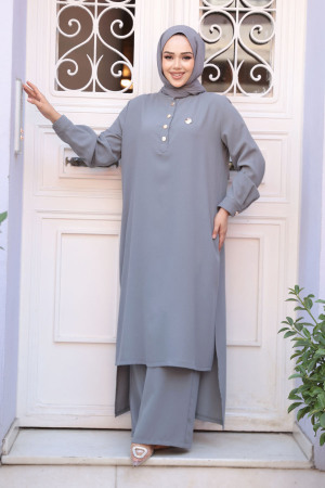 Düğme Detaylı Gri Tesettür İkili Takım 76641GR - 3