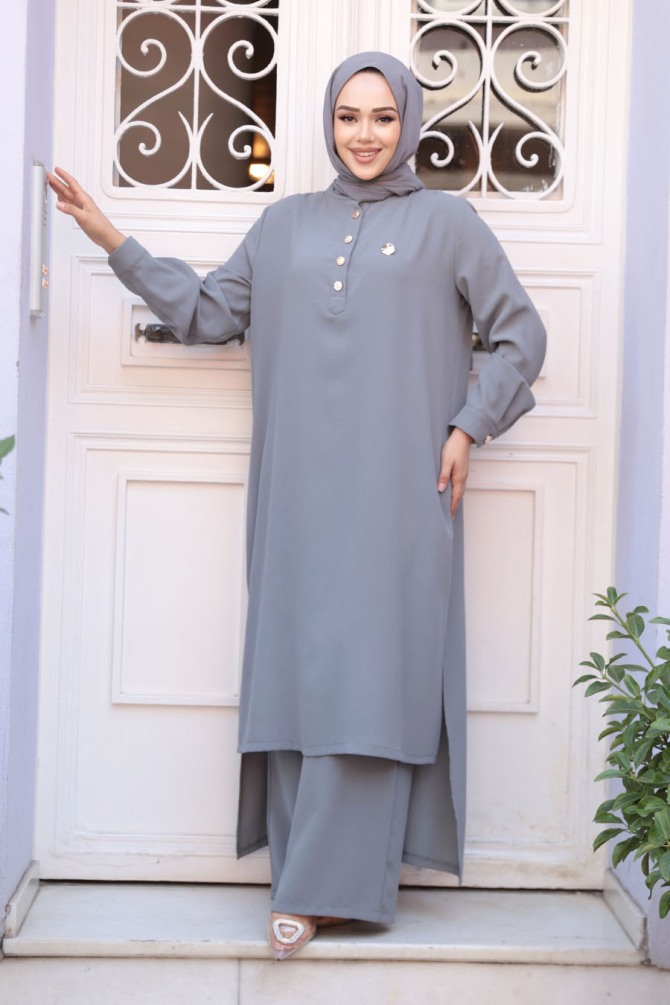 Düğme Detaylı Gri Tesettür İkili Takım 76641GR - 3