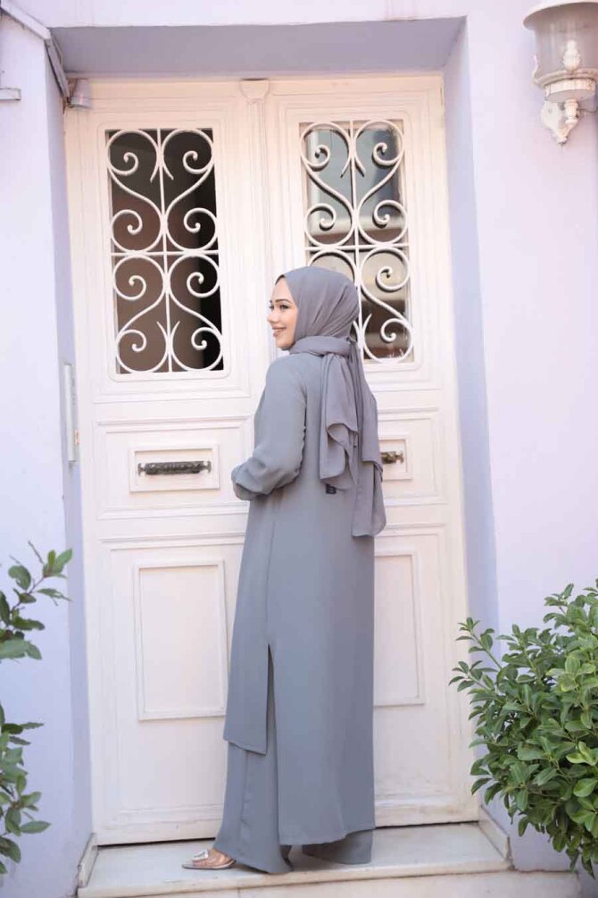 Düğme Detaylı Gri Tesettür İkili Takım 76641GR - 4