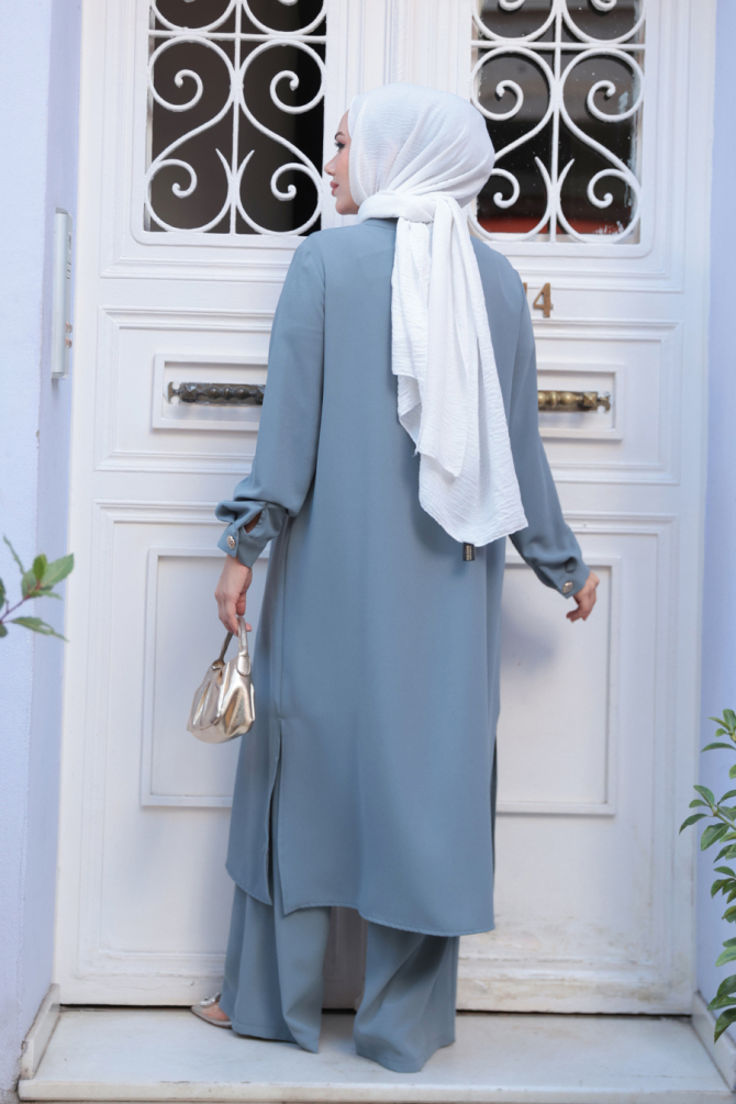 Düğme Detaylı Gri Tesettür İkili Takım 76642GR - 3