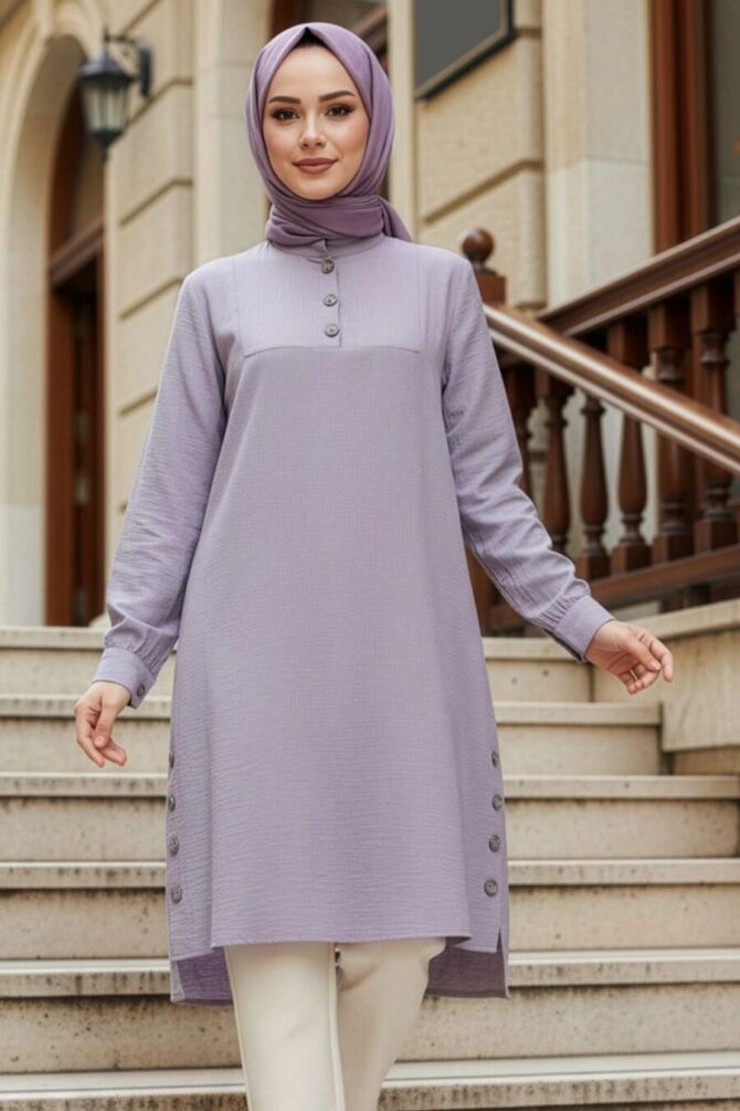 Düğme Detaylı Gri Tesettür Tunik 4664GR - 1