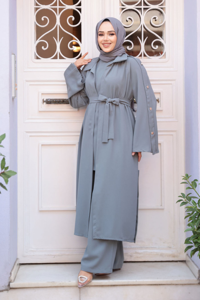 Düğme Detaylı Gri Tesettür Üçlü Takım 7677GR - N.S NEVA STYLE