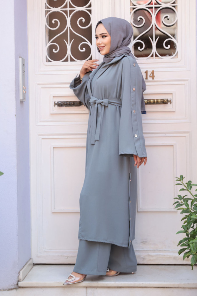 Düğme Detaylı Gri Tesettür Üçlü Takım 7677GR - 2