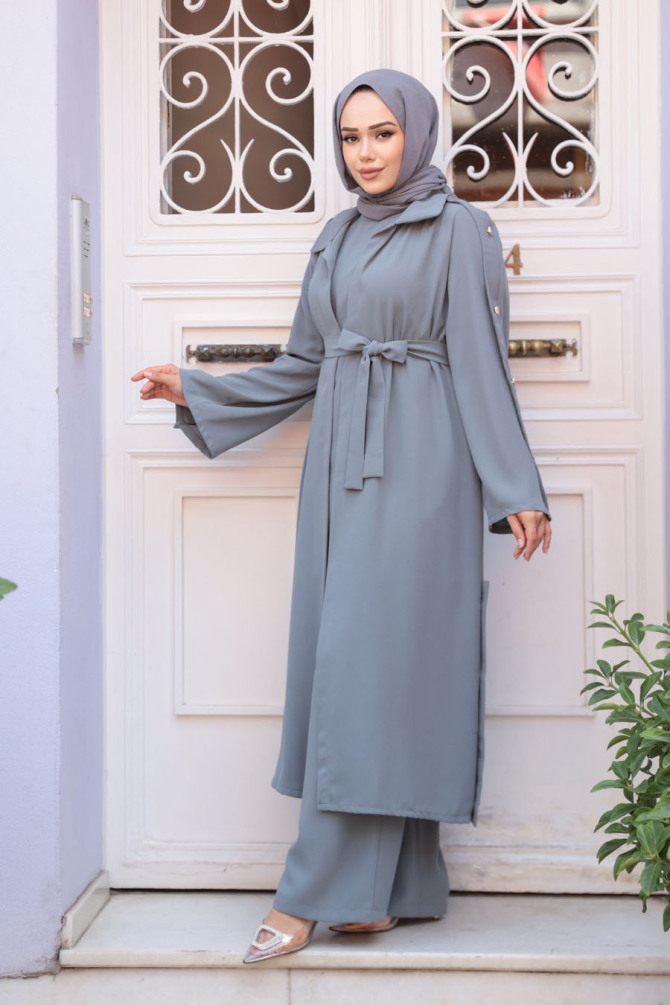 Düğme Detaylı Gri Tesettür Üçlü Takım 7677GR - 3