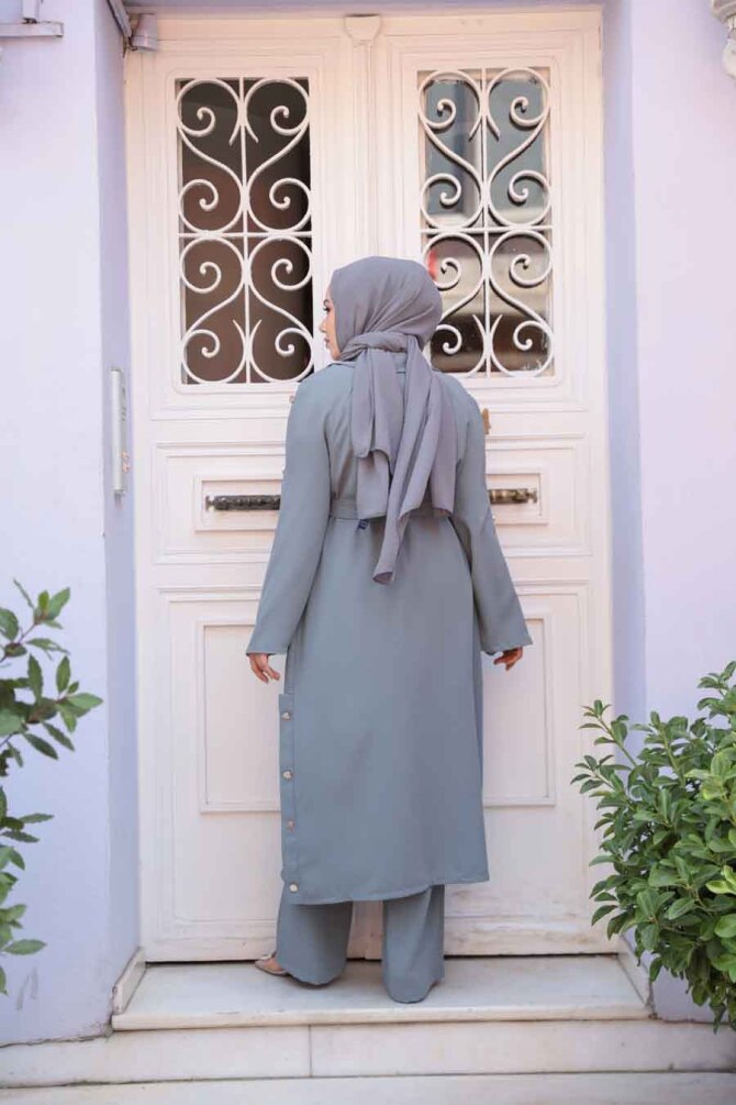 Düğme Detaylı Gri Tesettür Üçlü Takım 7677GR - 4