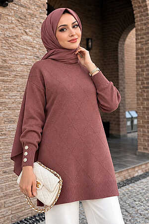 Düğme Detaylı Gül Kurusu Tesettür Triko Tunik 10941GK - N.S NEVA STYLE