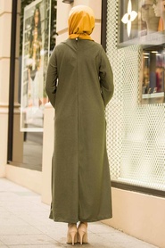 Düğme Detaylı Haki Fitilli Kadife Elbise 15101HK - Thumbnail