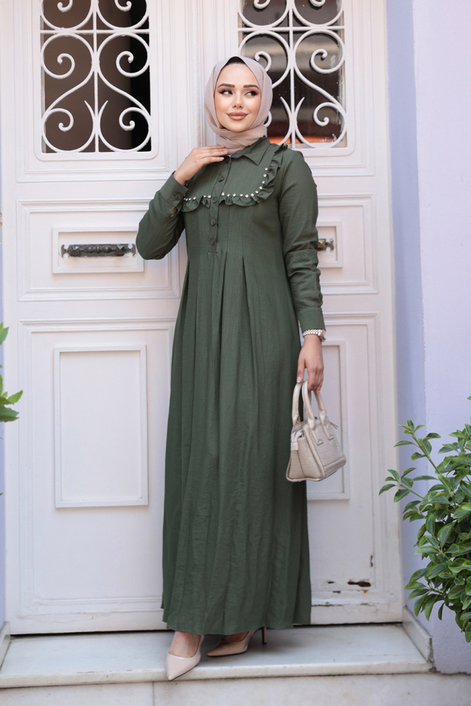 Düğme Detaylı Haki Tesettür Elbise 7224HK - 2