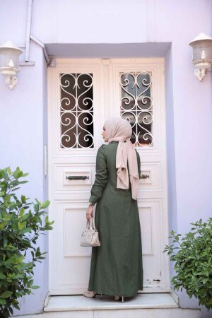Düğme Detaylı Haki Tesettür Elbise 7224HK - 3