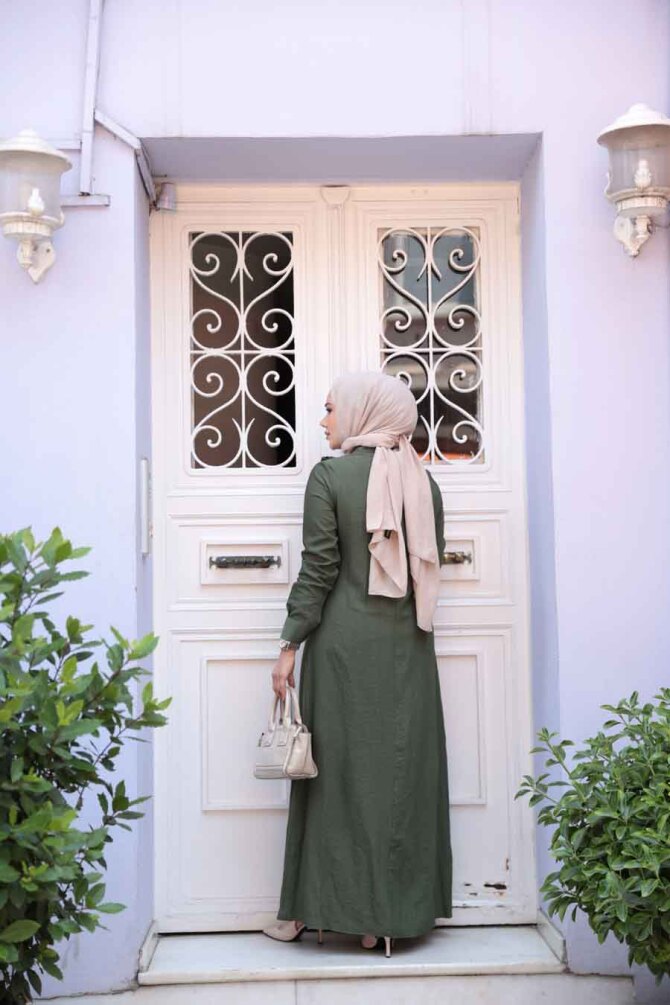 Düğme Detaylı Haki Tesettür Elbise 7224HK - 3