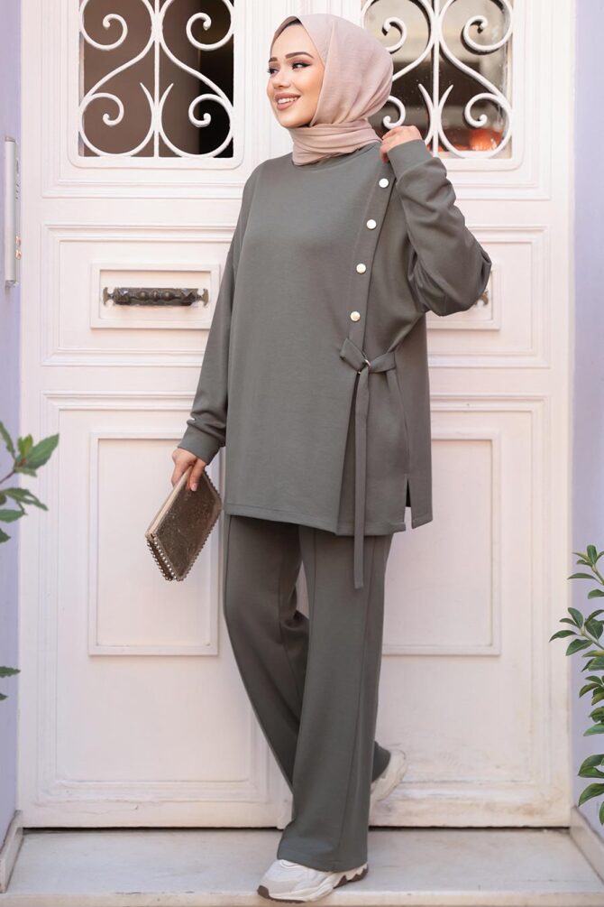Düğme Detaylı Haki Tesettür İkili Takım 13261HK - 2