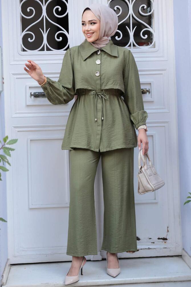 Düğme Detaylı Haki Tesettür İkili Takım 40391HK - N.S NEVA STYLE