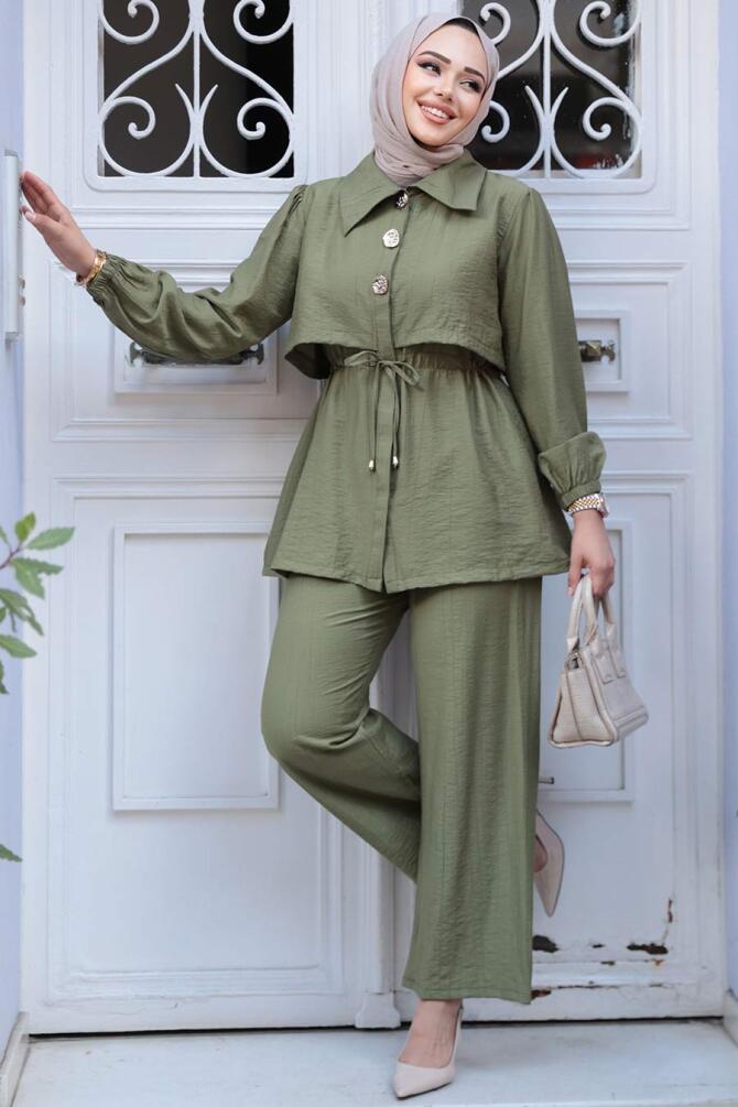 Düğme Detaylı Haki Tesettür İkili Takım 40391HK - 2