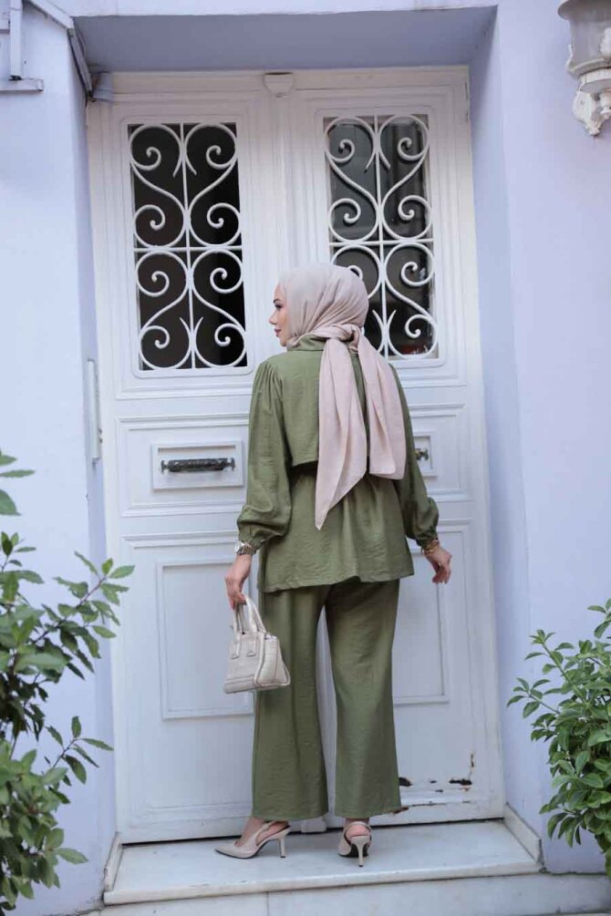 Düğme Detaylı Haki Tesettür İkili Takım 40391HK - 3