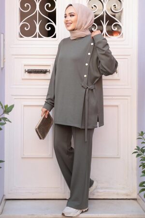 Düğme Detaylı Haki Tesettür İkili Takım 13261HK - 2