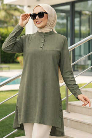 Düğme Detaylı Haki Tesettür Tunik 4664HK - 1