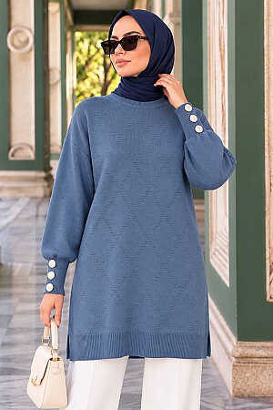 Button-Detail Indigo Blue Modest Knit Tunic 10941IM 