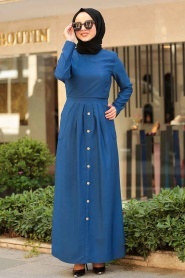 Düğme Detaylı İndigo Mavisi Tesettür Elbise 4275IM - Thumbnail